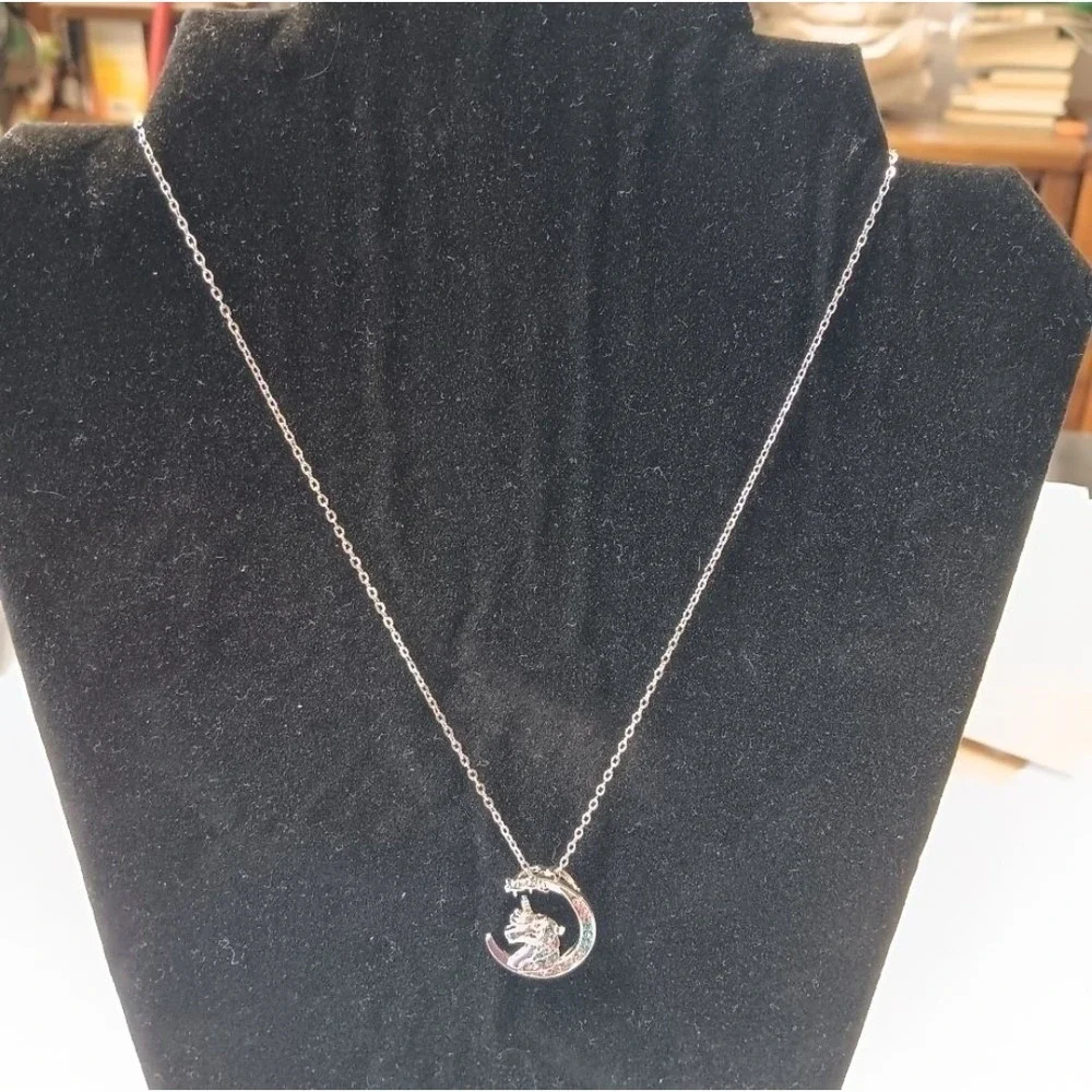 Silver Gold Plated Unicorn Pendant‎ Necklace Moon Stars Rainbow Rhinestones